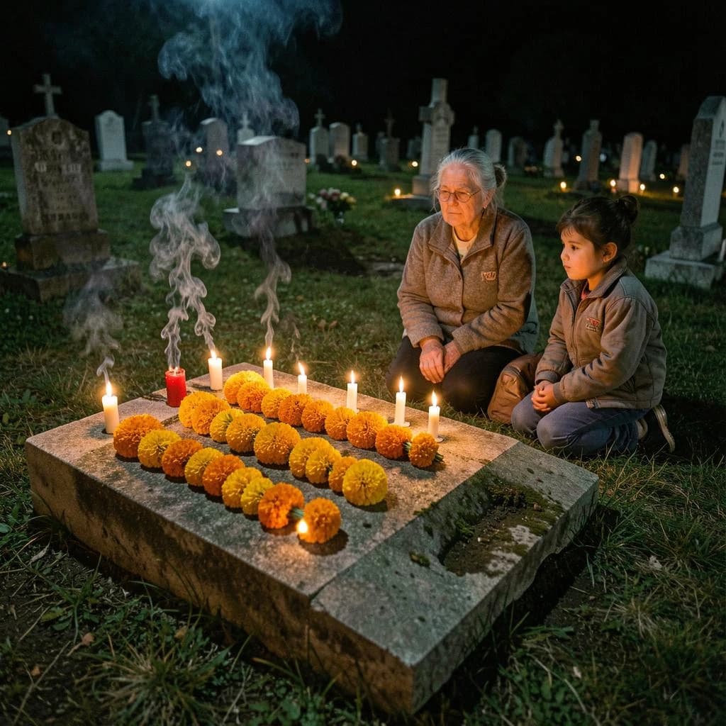 Photojournalism frame from a cemetery vigil at night: one grave slab carrying seven marigold garlands and nine lit candles, three of the candles guttered out and smoking, a grandmother and two children kneeling along the near edge.