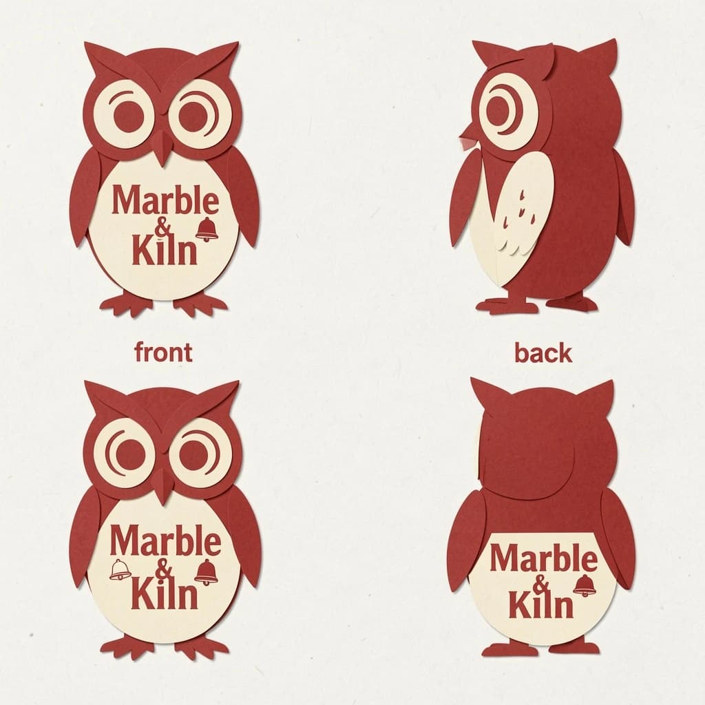 Cut-paper collage of the same bookstore owl mascot drawn in three views, captioned "front", "side" and "back", every view carrying the wordmark "Marble & Kiln" with a small bell outline beside it in the same red-and-cream coloring, only the angle changing.