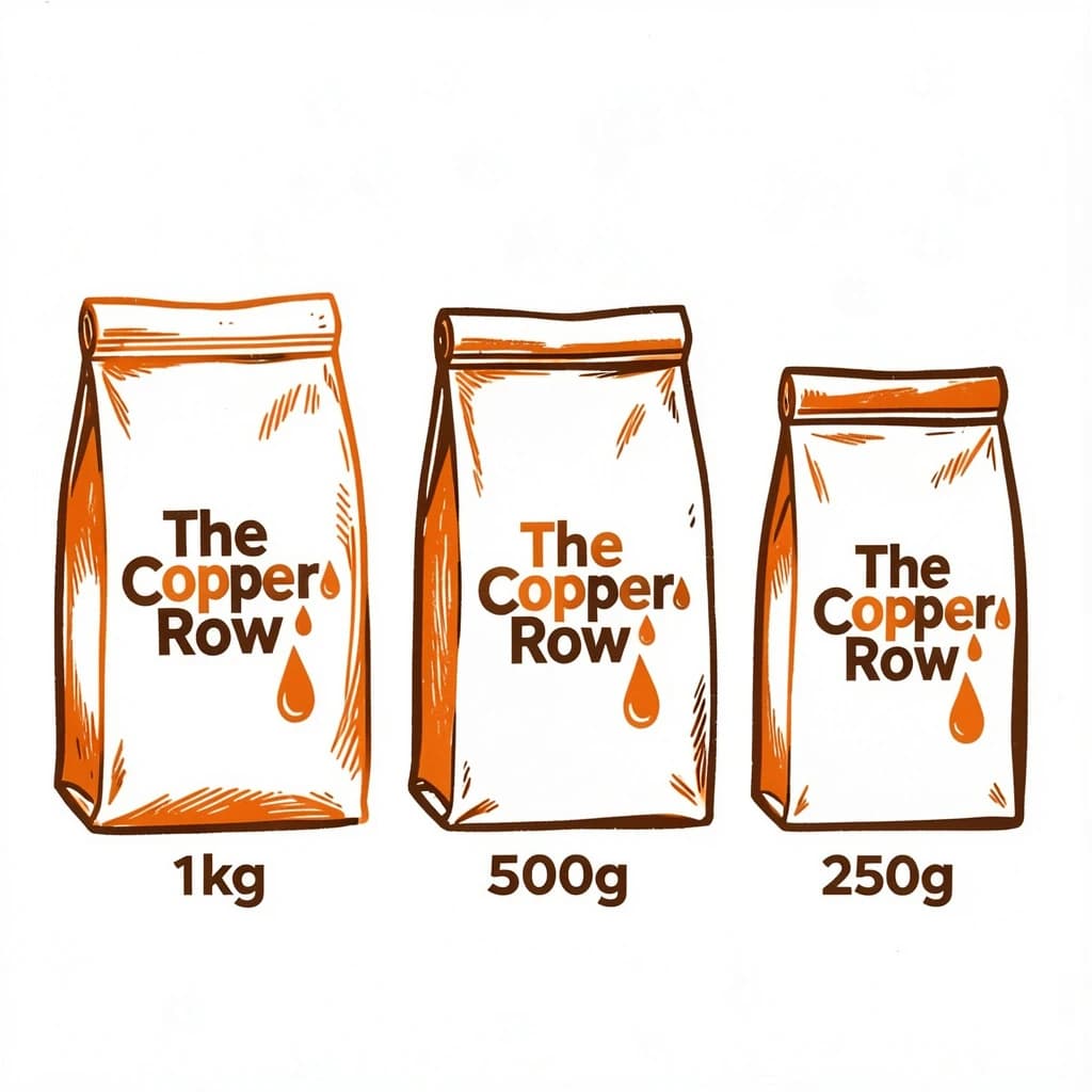 Linocut print: one coffee bag in three sizes. The sizes are captioned "1kg", "500g" and "250g" in that order. The wordmark "The Copper Row" appears on every size with a single droplet symbol beside it. The orange-and-brown coloring is the same across every size, and only the bag size changes.