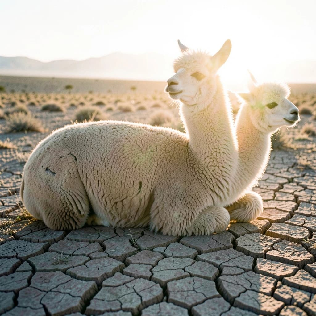 quiet alpaca on cracked earth, backlit