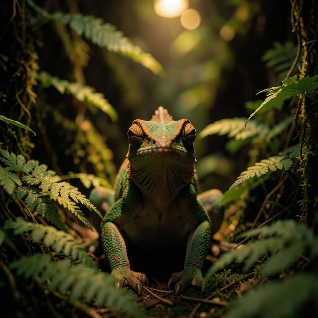 A chameleon half in shadow in a fern-filled ravine, under warm lamplight, symmetrical head-on framing, soft-focus portrait photography style.