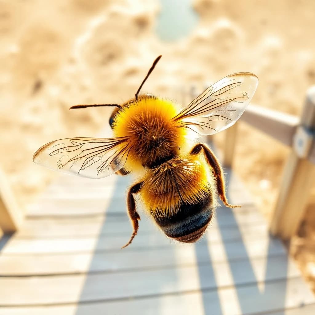 A honeybee seen from the back on a seaside boardwalk, in bright midday sun, overhead flat lay, watercolor style.