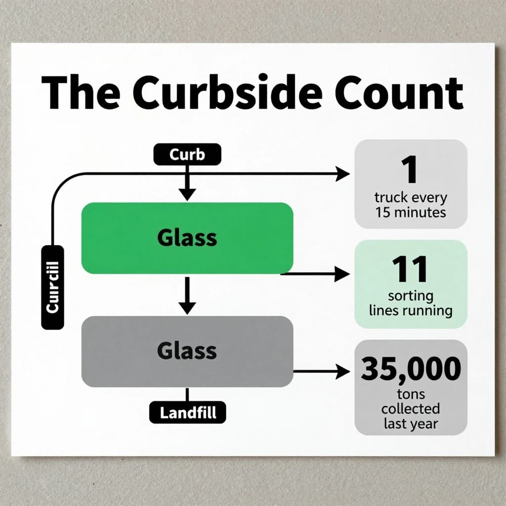 Printed poster titled "The Curbside Count": at the center a flow chart from curb to sorting floor, carrying two keyed regions, "Glass" shaded green and "Landfill" shaded gray, beside a right column of three stat chips reading "1 truck every 15 minutes", "11 sorting lines running" and "35,000 tons collected last year".