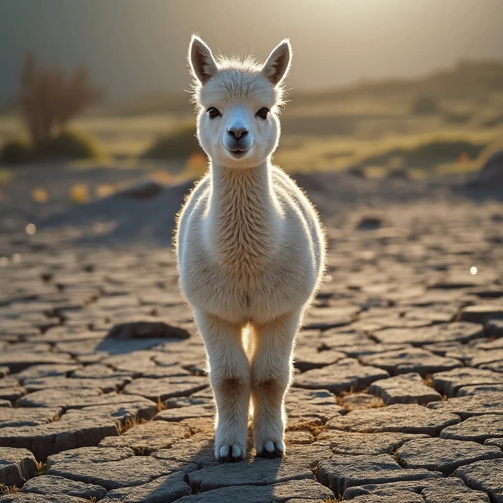 quiet alpaca on cracked earth, backlit