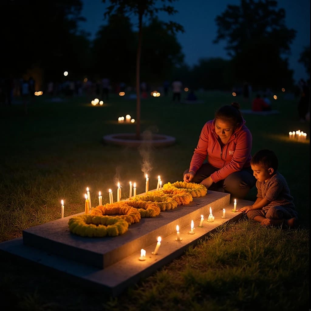 Photojournalism frame from a cemetery vigil at night: one grave slab carrying seven marigold garlands and nine lit candles, three of the candles guttered out and smoking, a grandmother and two children kneeling along the near edge.