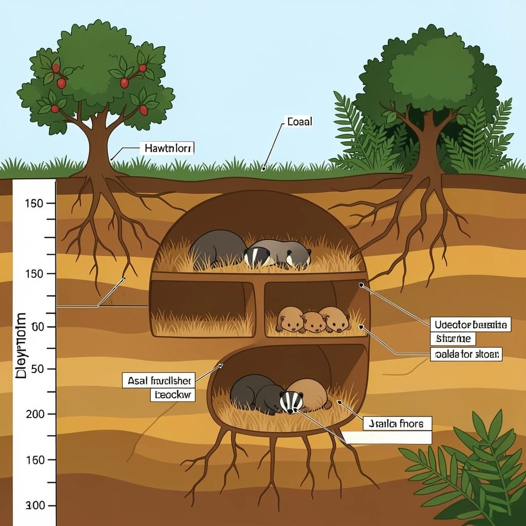 Flat vector cross-section of a badger sett cut through a hillside, soil drawn as layered ochre bands with tree roots threading through. Four chambers at different depths: the deepest lined with dry grass holding two sleeping badgers curled together, one mid level chamber standing empty, one holding three cubs, and a shallow chamber used for bedding storage. Five tunnels connect them, and two entrances break the surface, the left one under a hawthorn and the right one screened by bracken. Labels sit outside the soil profile on hairline leaders, with a depth scale in metres down the left edge.