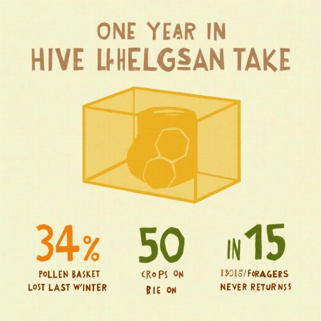 Printed poster titled "Hive, One Year In": at the center a cutaway of a hive frame, carrying two keyed regions, "Pollen basket" shaded amber and "Brood cells" shaded olive, beside a bottom row of three stat chips reading "34% of hives lost last winter", "50 crops rely on bees" and "1 in 15 foragers never returns".