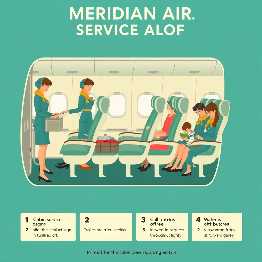 Flat vector poster in a nineteen sixties airline style, teal, mustard and cream.
A cutaway of a single aisle cabin seen from the side, five rows of seats visible. Three flight attendants in teal skirt suits with mustard scarves: one pushing a trolley in the aisle at row two, one handing a cup down to a window passenger in row four, one crouched beside a child in row five fastening a seatbelt. Nine passengers seated, four of them reading, and both aisle seats in row three empty.
Along the bottom, a numbered legend in cream boxes reading "1. Cabin service begins after the seatbelt sign is switched off.", "2. Trolleys are secured at every stage of turbulence.", "3. Water is offered on request throughout the flight.", "4. Call buttons are answered from the forward galley."
Masthead across the top reads "MERIDIAN AIR: SERVICE ALOFT", and a small line under the cabin reads "Printed for the cabin crew of the Meridian fleet, spring edition."