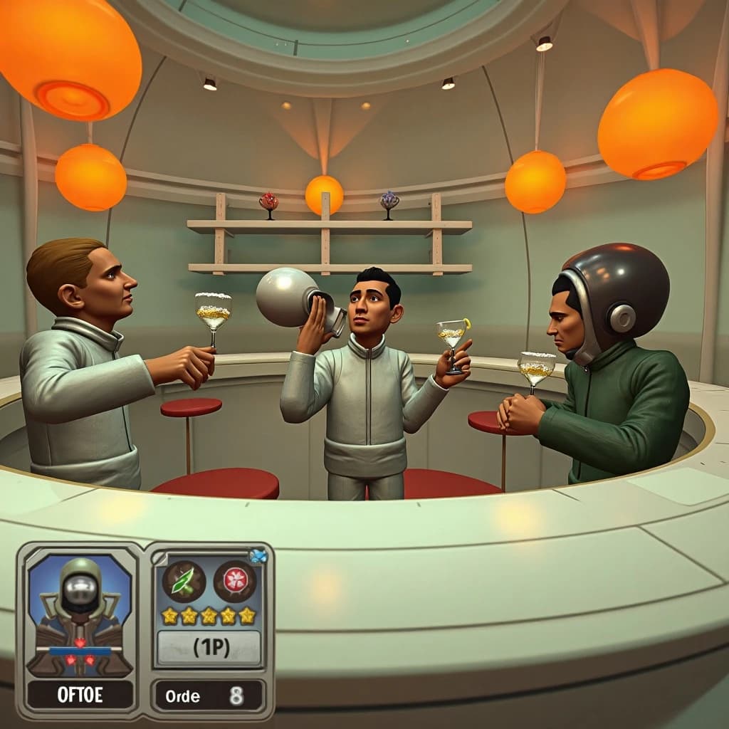 In-game screenshot from a lounge sim aboard an orbital hotel, all curved white plastic, orange bubble lamps and chrome trim in nineteen sixties Space Age design. A four-armed bartender shakes a tin with two arms while pouring a margarita with a third and sliding a coaster across with the fourth. Three customers at the bar: the one in a silver jumpsuit holds a salt-rimmed margarita, the one in green holds nothing, the one in a bubble helmet is asleep on folded arms. Behind them a rack holds nine coupe glasses, the five on the upper shelf frosted, the four below clear. Bottom-left interface: a tip counter reading "142 credits", a shaker cooldown ring, and a chip reading "Order 3 of 8".