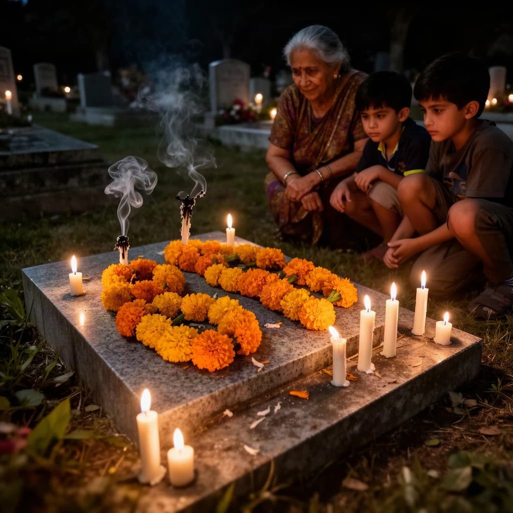 Photojournalism frame from a cemetery vigil at night: one grave slab carrying seven marigold garlands and nine lit candles, three of the candles guttered out and smoking, a grandmother and two children kneeling along the near edge.