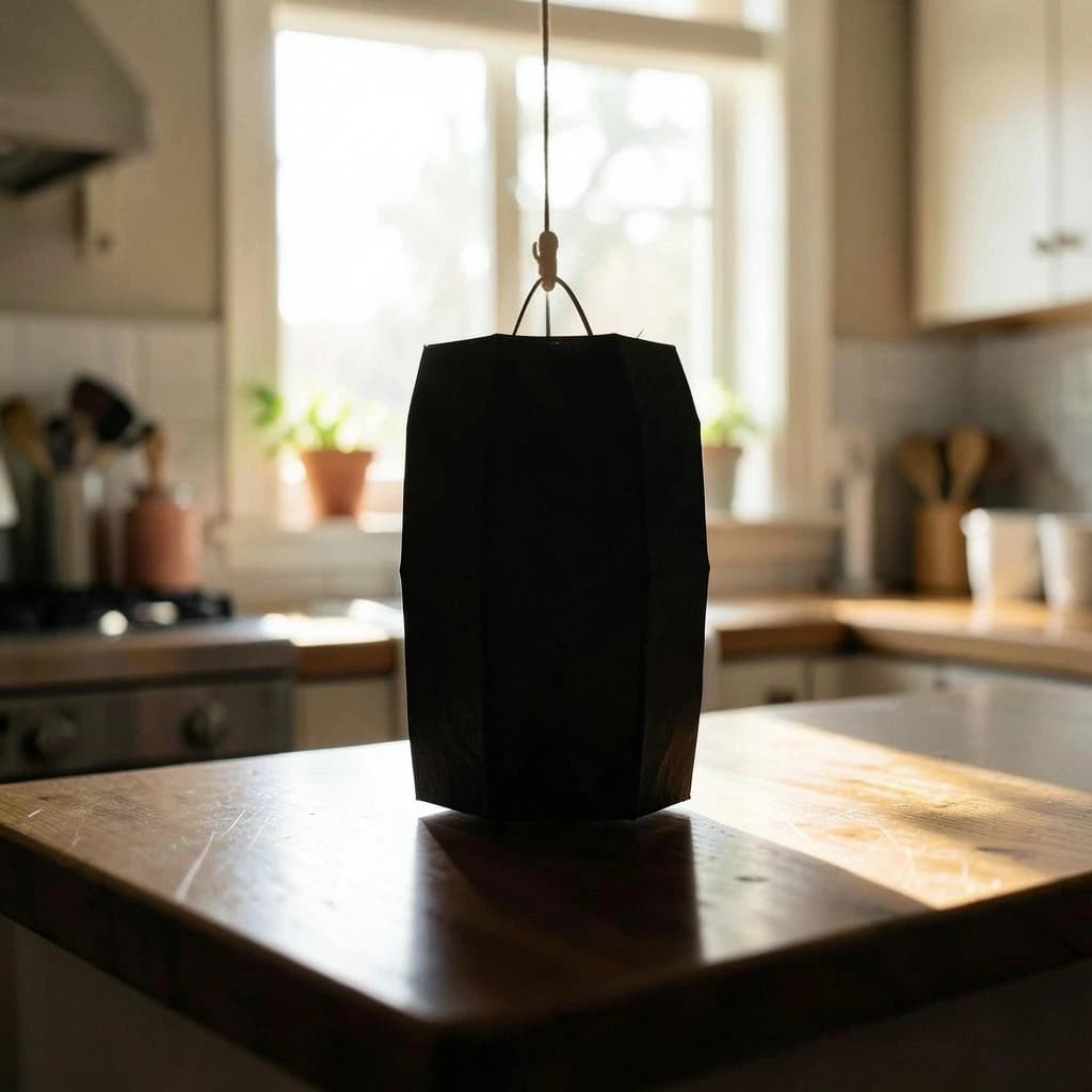 The still point when a paper lantern reads as a single dark silhouette, in a sunlit kitchen, under soft morning light.