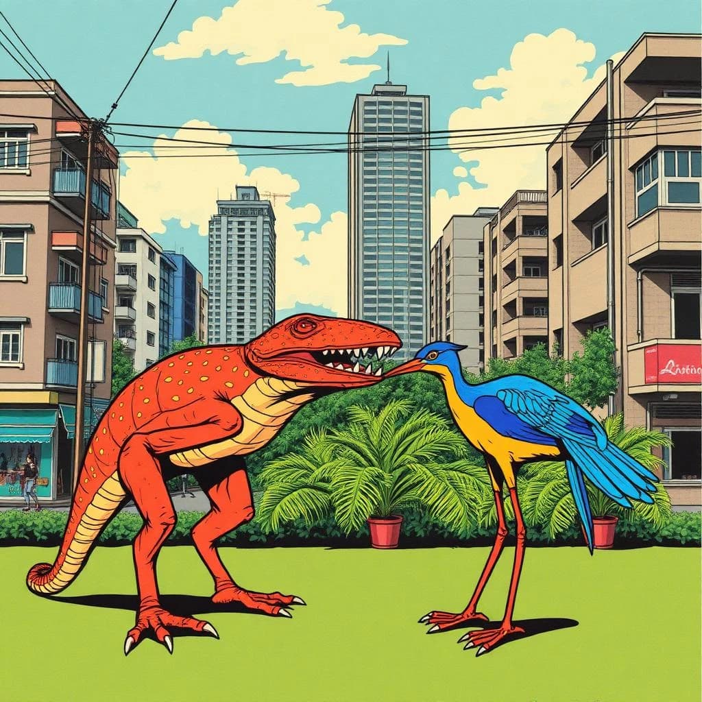 Crossopterygian and Blue Runner in Hanoi, Vietnam in the style of pop art
