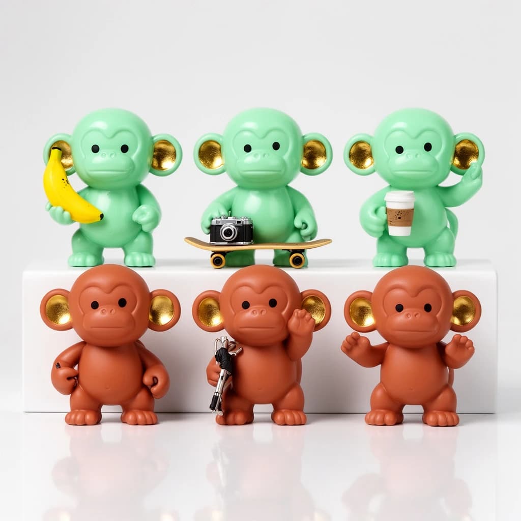 Vinyl designer toy photography: six monkey figures on a glossy white riser, arranged in two rows of three. The back row is glossy mint green, the front row matte terracotta. Each monkey holds a different thing: a banana, a tiny camera, a skateboard, a coffee cup, an umbrella, and the last one holds nothing at all with both hands raised. Only the mint monkeys have gold-painted ears. Crisp studio lighting, tight reflections on the vinyl.