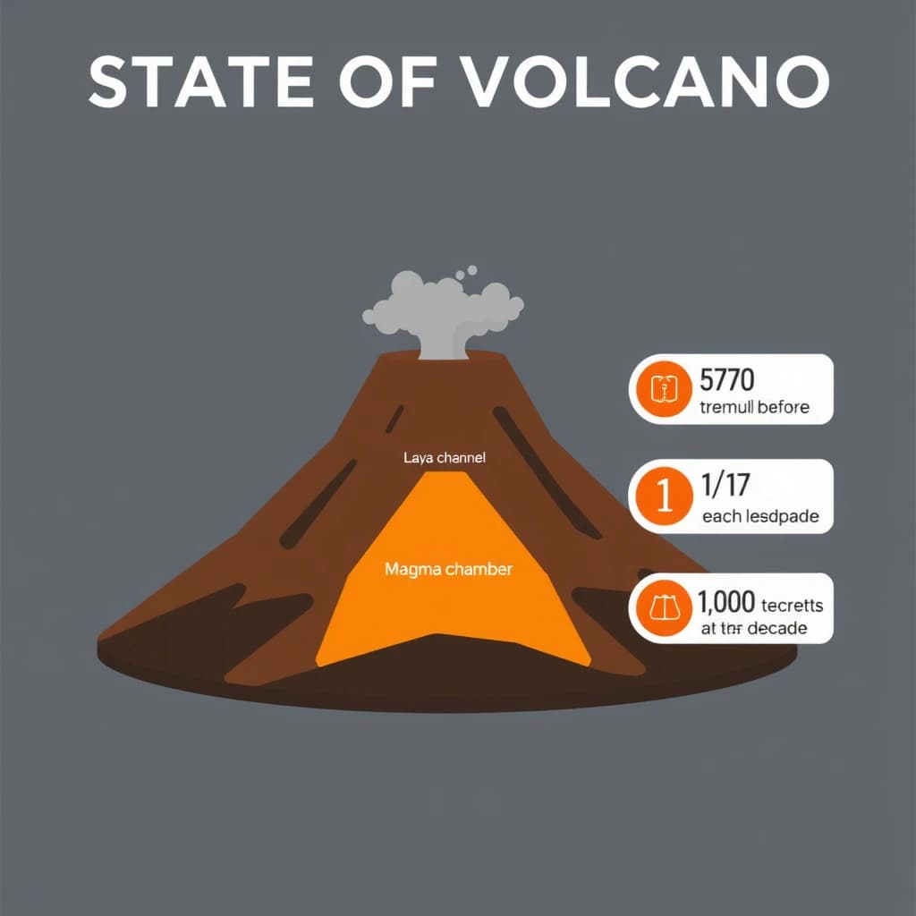 Flat vector illustration titled "State of Volcano": at the center a cutaway cone, carrying three keyed regions, "Lava channel" shaded red, "Ash cloud" shaded gray and "Magma chamber" shaded orange, beside a right column of three stat chips reading "670 tremors before the last eruption", "1 in 27 erupt each decade" and "1,000 degrees at the vent".