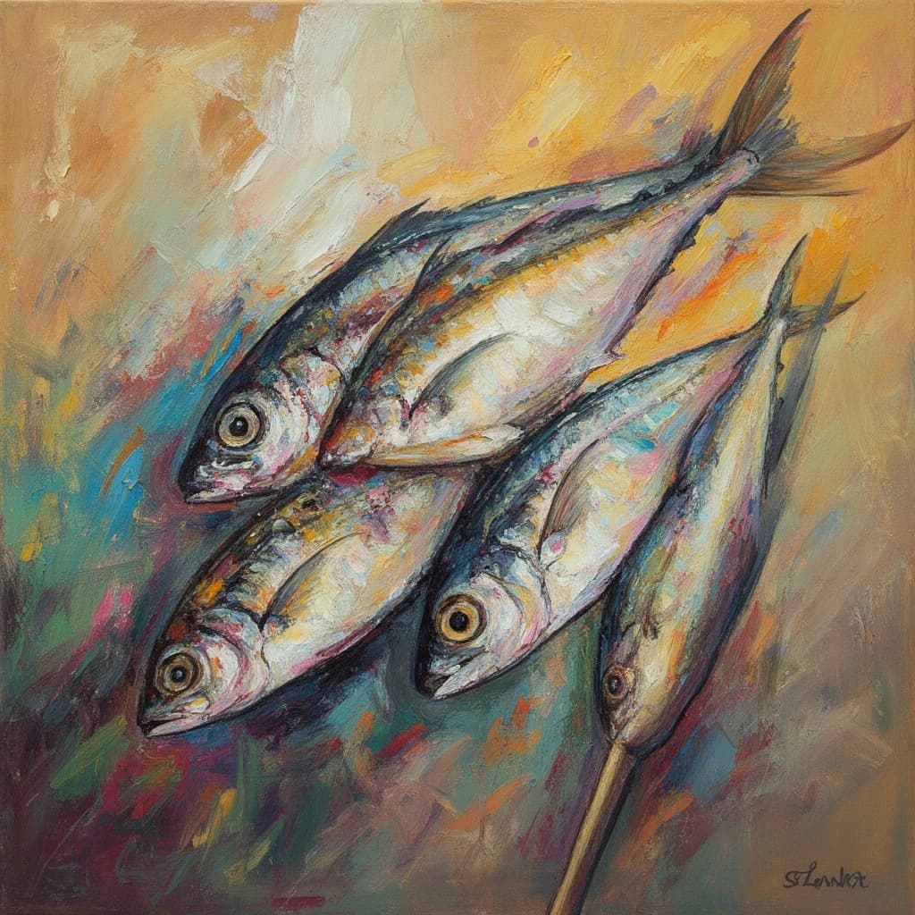 Butterfish and Spear in Sri Jayawardenepura Kotte, Sri Lanka in the style of abstract
