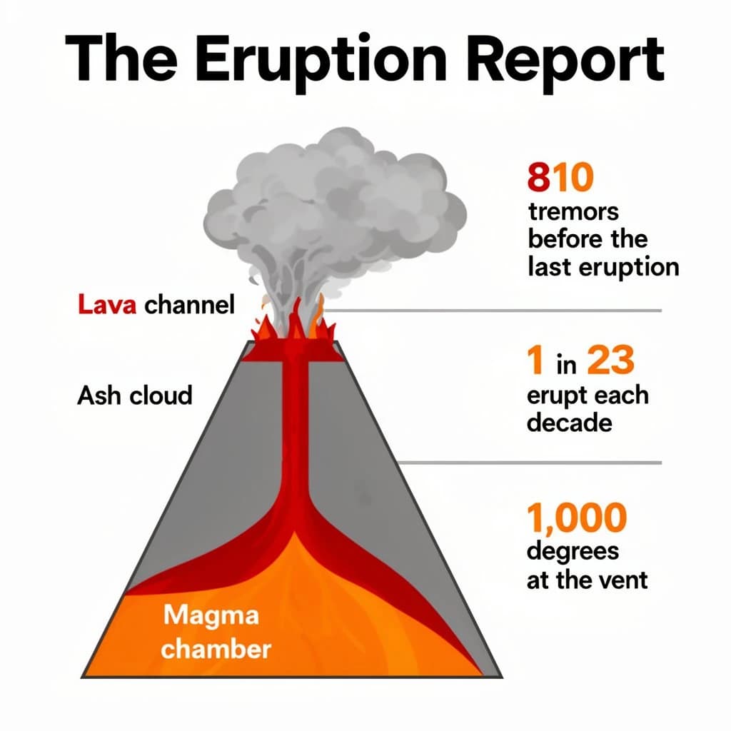 Flat vector illustration titled "The Eruption Report". A cutaway cone sits at the center, carrying three keyed regions, "Lava channel" shaded red, "Ash cloud" shaded gray and "Magma chamber" shaded orange. Three stat chips run down a right column, reading "810 tremors before the last eruption", "1 in 23 erupt each decade" and "1,000 degrees at the vent". Each key color matches the shading of the region it names.