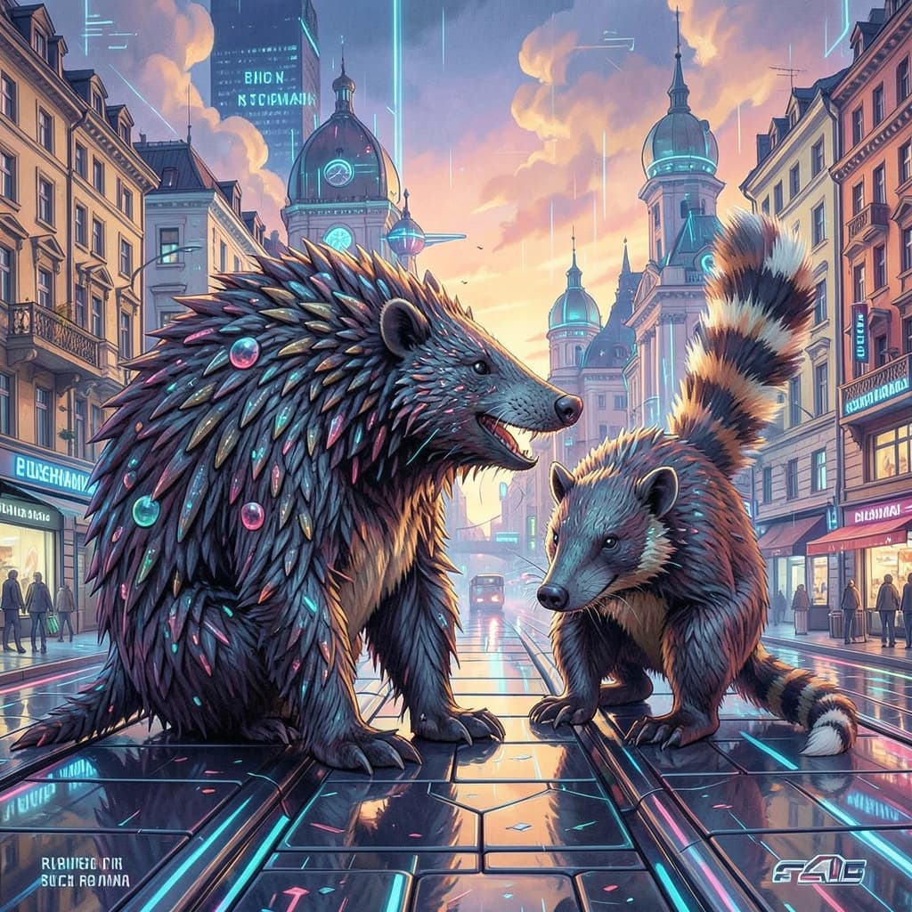 Scaly Anteater and Ringtail in Bucharest, Romania in the style of futurism