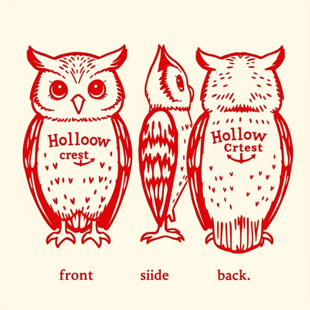 Linocut print: one bookstore owl mascot in three views. The views are captioned "front", "side" and "back" in that order. The wordmark "Hollow Crest" appears on every view with a small anchor mark beside it. The red-and-cream coloring is the same across every view, and only the angle changes.