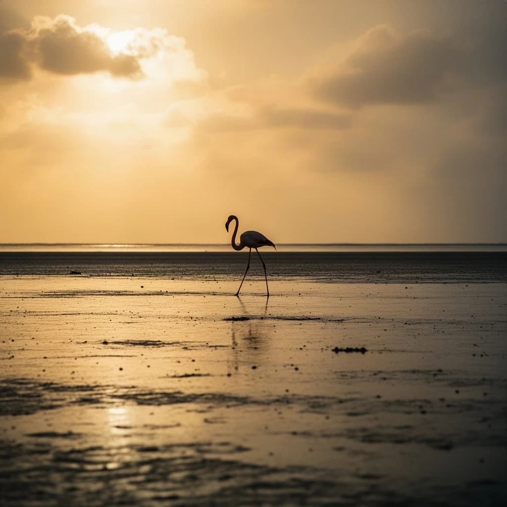 distant flamingo on wet sand, silhouette