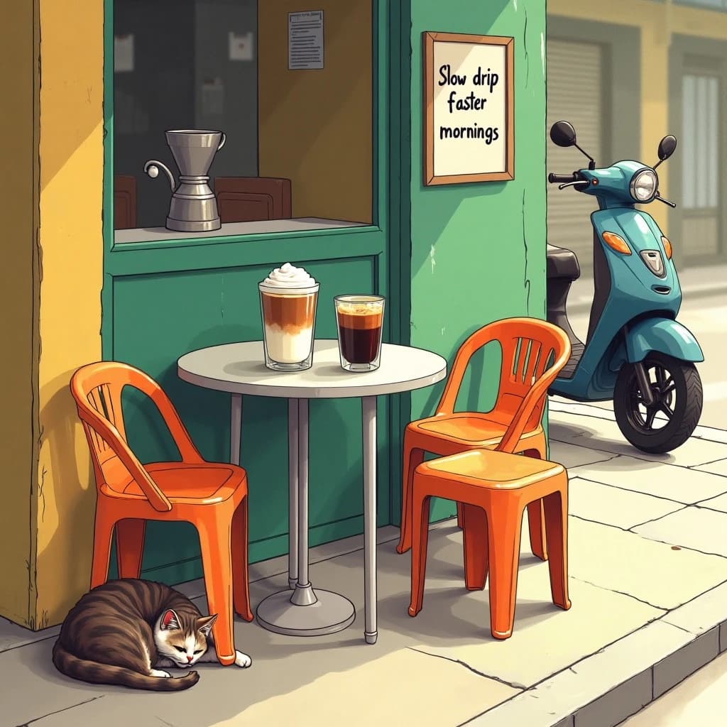 A frame from a hand drawn animated cel, inked outlines and flat gouache paint, warm morning light: a street cafe with four low plastic stools around a metal table. Three glasses of Vietnamese iced coffee sit on the table, two stirred through to caramel brown and one still black over an unmixed white layer of condensed milk. A metal phin filter drips into a fourth glass at the table edge. A cat sleeps under the stool nearest the kerb, and a scooter passes behind, cropped by the frame edge. Hand lettered sign on the wall: "Slow drip, faster mornings".