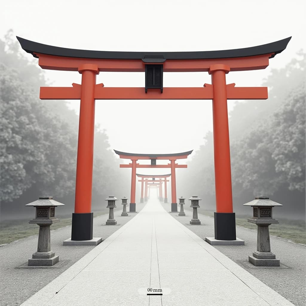 Architectural visualization of a shrine approach, soft daylight, matte grey and white presentation render. A straight gravel path runs from foreground to background under six torii gates set in a line, each gate shorter than the one before it. The four nearest gates are vermilion with black crossbeams; the two farthest are bare weathered timber. A pair of stone lanterns flanks the third gate only. Thin dimension lines mark each gate's clear width in metres, and a title block in the lower left corner reads "Approach Study, Gates 1 to 6".