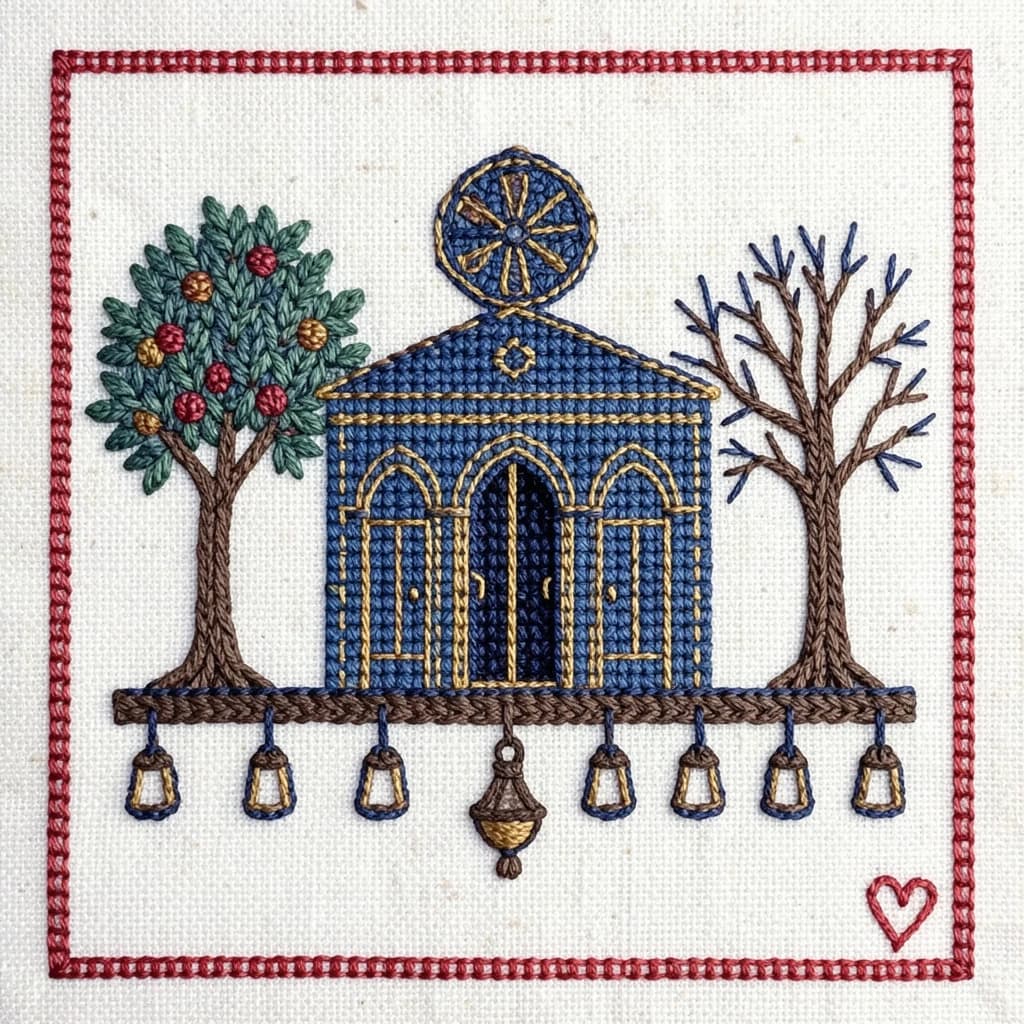 Pin stitched as a cross stitch sampler on natural linen, chunky visible stitches. Center: a synagogue front elevation in deep blue and gold thread, a rose window above three arched doors, the middle door taller and standing open while the two outer doors are closed. Two stitched olive trees flank the building, the left one heavy with fruit and the right one bare. Along the bottom, nine stitched lamps hang from a stitched beam with the middle lamp hanging lower than the rest. A narrow pomegranate border runs all the way around, with a small stitched heart in the bottom right corner.