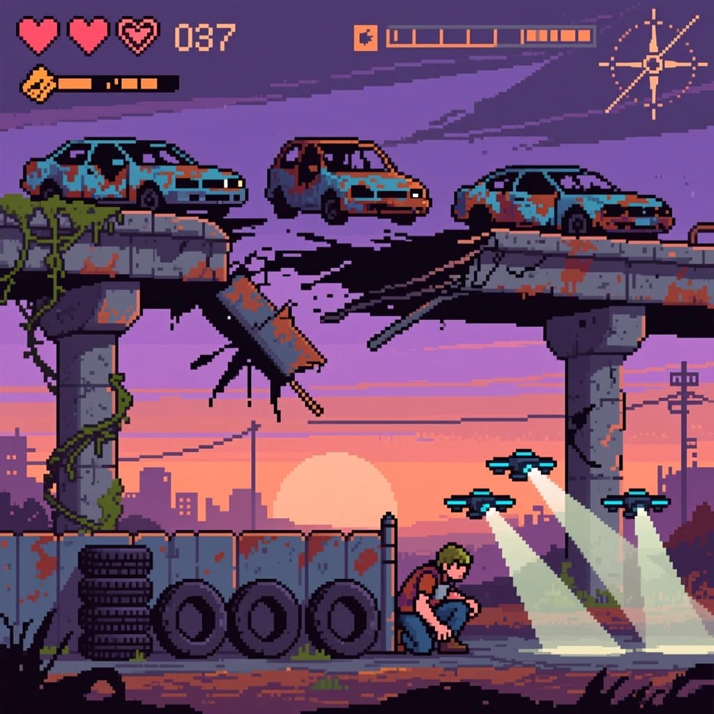 Side-scrolling pixel art screenshot from a post-apocalyptic survival platformer, dusk palette of rust and violet. A collapsed highway overpass cuts diagonally across the frame on four concrete support pillars, the second from the left snapped in half and wrapped in vines. On the deck above sit three burnt-out cars nose to tail, only the middle one still upright. Below, the player crouches behind a barricade of five stacked tires while two scavenger drones sweep flashlight cones in from the right. Top-left interface: three heart icons with the last half empty, a scrap counter reading "037", and a thin compass strip.