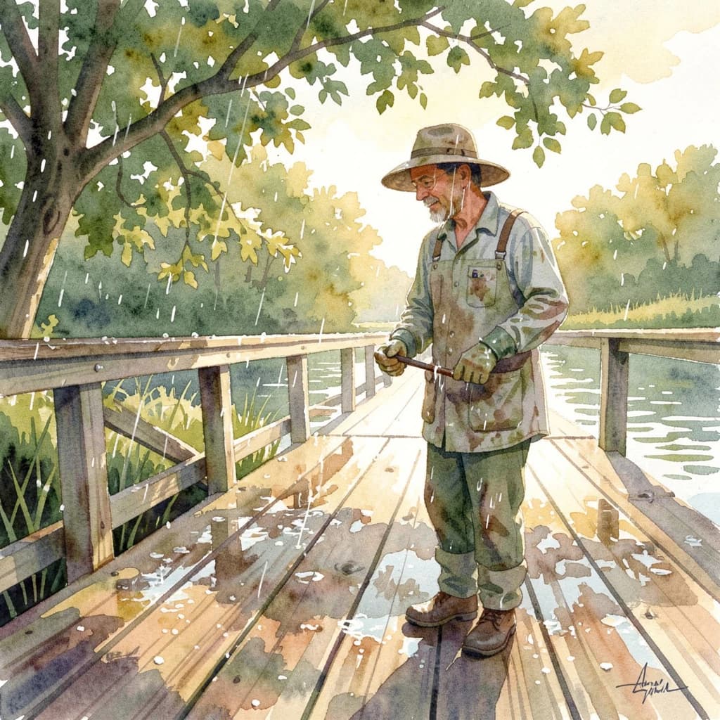A gardener covered in morning dew on a wooden pier, in dappled afternoon light, low-angle view, watercolor style.