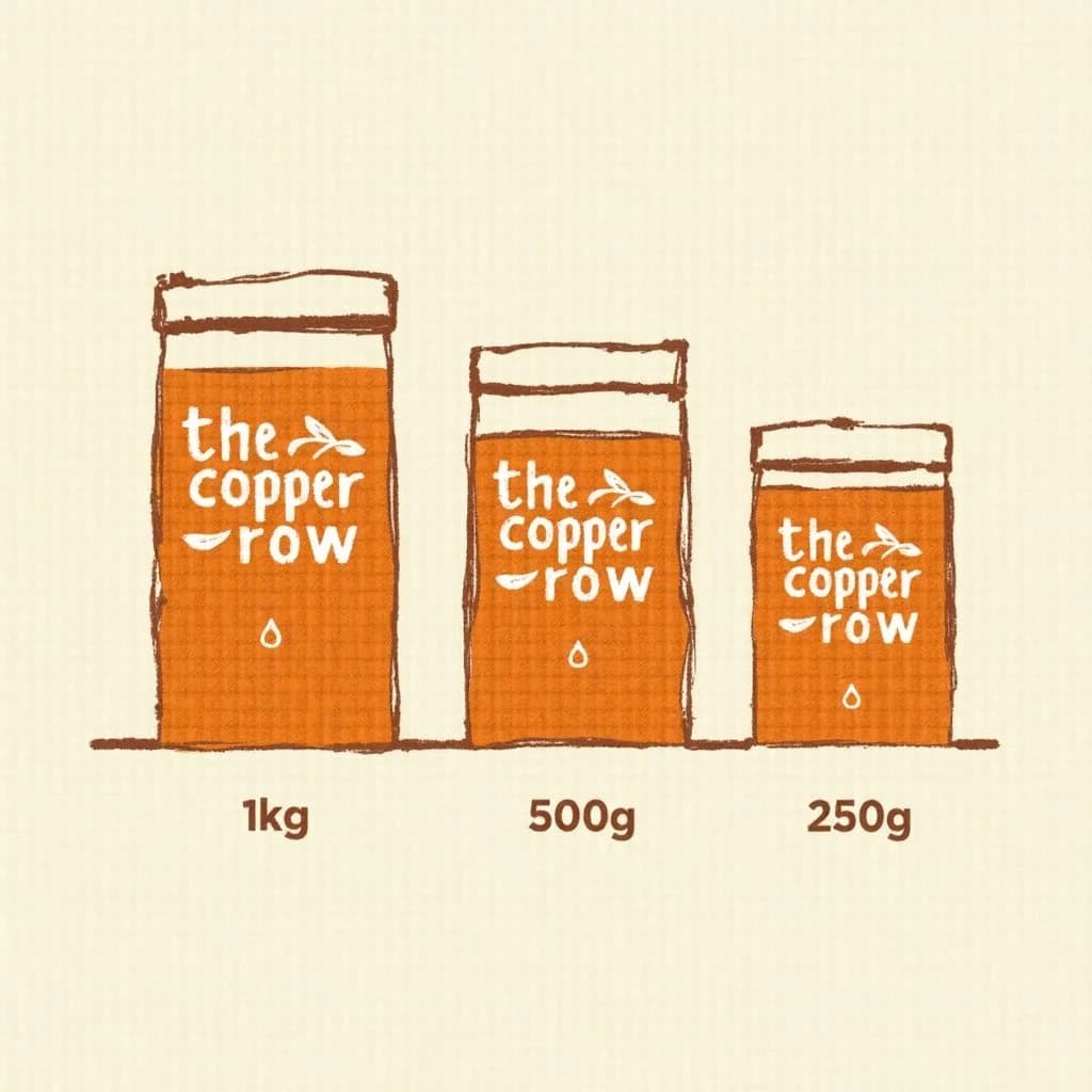 Linocut print: one coffee bag in three sizes. The sizes are captioned "1kg", "500g" and "250g" in that order. The wordmark "The Copper Row" appears on every size with a single droplet symbol beside it. The orange-and-brown coloring is the same across every size, and only the bag size changes.