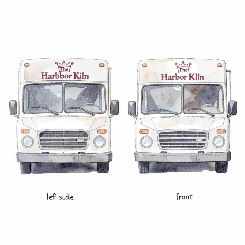 Watercolor of the same food truck drawn in two sides, captioned "left side" and "front", every side carrying the wordmark "The Harbor Kiln" with a simple crown outline beside it in the same maroon-and-gray coloring, only the side changing.