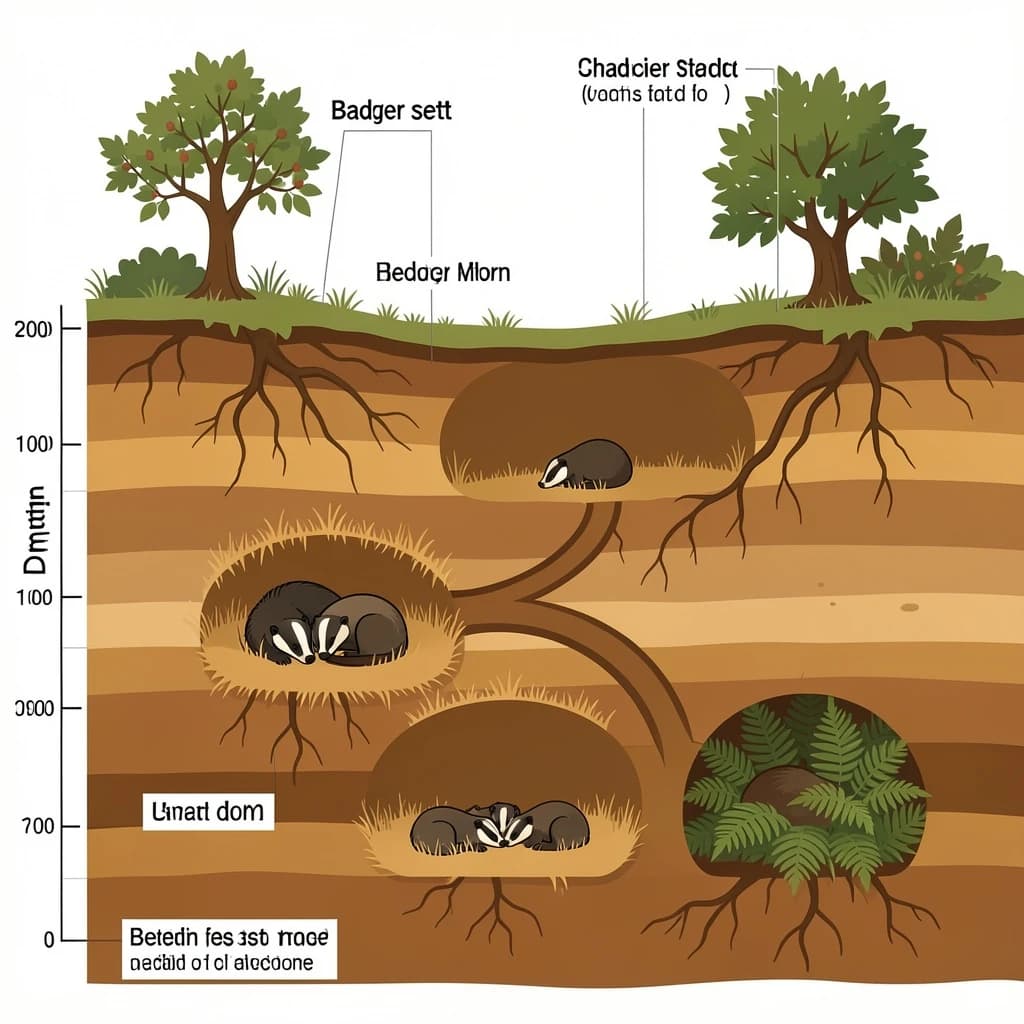 Flat vector cross-section of a badger sett cut through a hillside, soil drawn as layered ochre bands with tree roots threading through. Four chambers at different depths: the deepest lined with dry grass holding two sleeping badgers curled together, one mid level chamber standing empty, one holding three cubs, and a shallow chamber used for bedding storage. Five tunnels connect them, and two entrances break the surface, the left one under a hawthorn and the right one screened by bracken. Labels sit outside the soil profile on hairline leaders, with a depth scale in metres down the left edge.