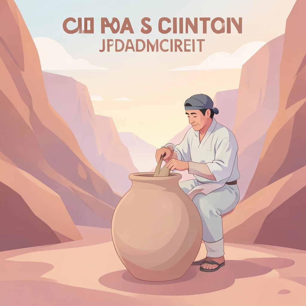Poster illustration of a potter in a desert canyon, soft gradient fills, smooth vector finish, pastel palette.