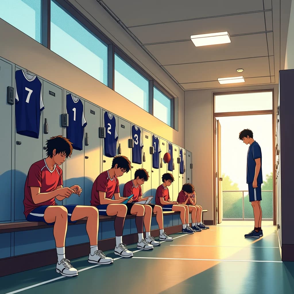 Modern anime interior for a high school volleyball series, wide view down a team locker room after practice. Eight lockers along the back wall in two banks of four, the three on the far left hanging open with jerseys spilling out and the rest shut. Four players occupy the foreground bench: the setter re-taping two fingers, the libero pulling on a knee sleeve, the captain reading a clipboard, and a first year asleep sitting upright with a towel over his face. A coach stands in the right doorway holding a whistle, half in shadow. Warm late-sun bars fall through high frosted windows, cel shading, clean bold linework.