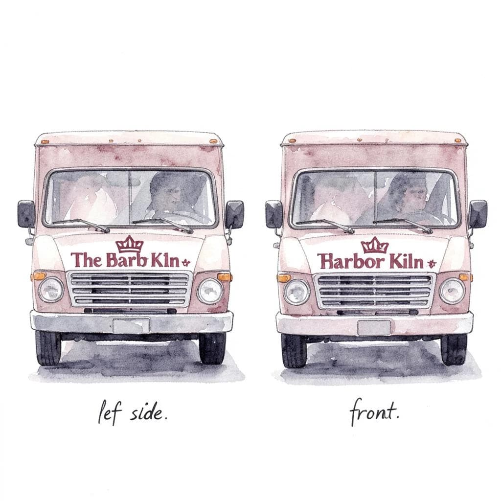 Watercolor of the same food truck drawn in two sides, captioned "left side" and "front", every side carrying the wordmark "The Harbor Kiln" with a simple crown outline beside it in the same maroon-and-gray coloring, only the side changing.