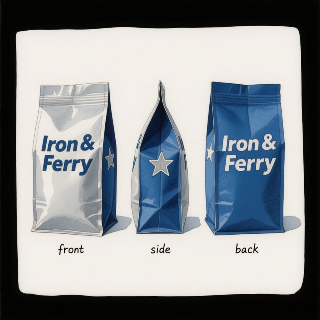 Watercolor of the same coffee bag drawn in three views, captioned "front", "side" and "back", every view carrying the wordmark "Iron & Ferry" with a five-point star outline beside it in the same blue-and-silver coloring, only the angle changing.