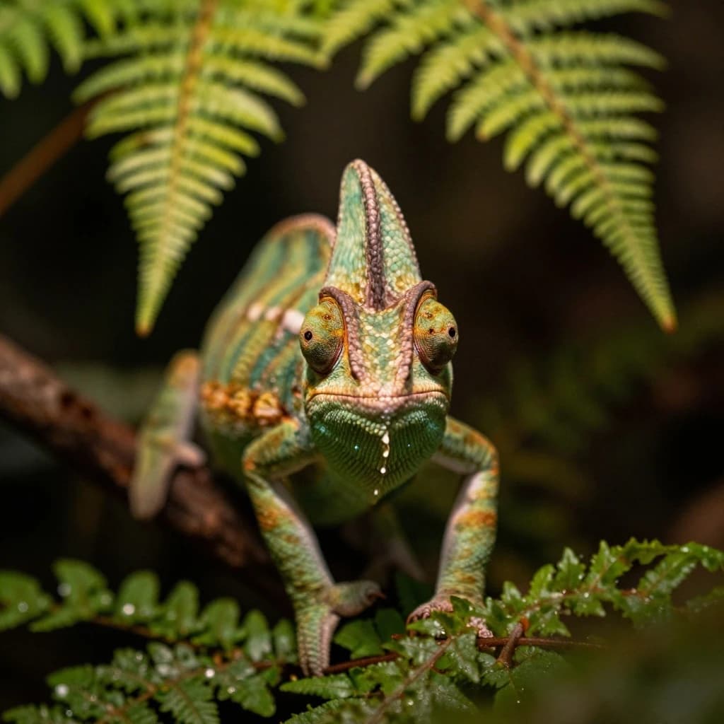 A chameleon half in shadow in a fern-filled ravine, under warm lamplight, symmetrical head-on framing, soft-focus portrait photography style.