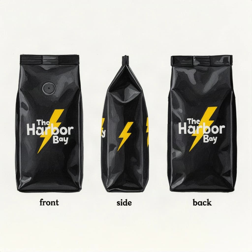 Gouache painting of the same coffee bag drawn in three views, captioned "front", "side" and "back", every view carrying the wordmark "The Harbor Bay" with a lightning-bolt symbol beside it in the same black-and-yellow coloring, only the angle changing.