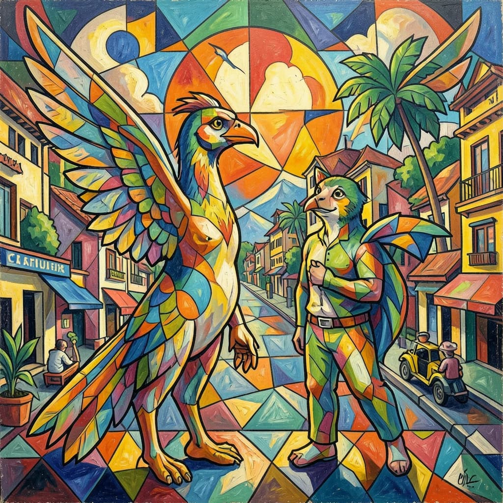 Flight Feather and Catalufa in Hanoi, Vietnam in the style of cubist