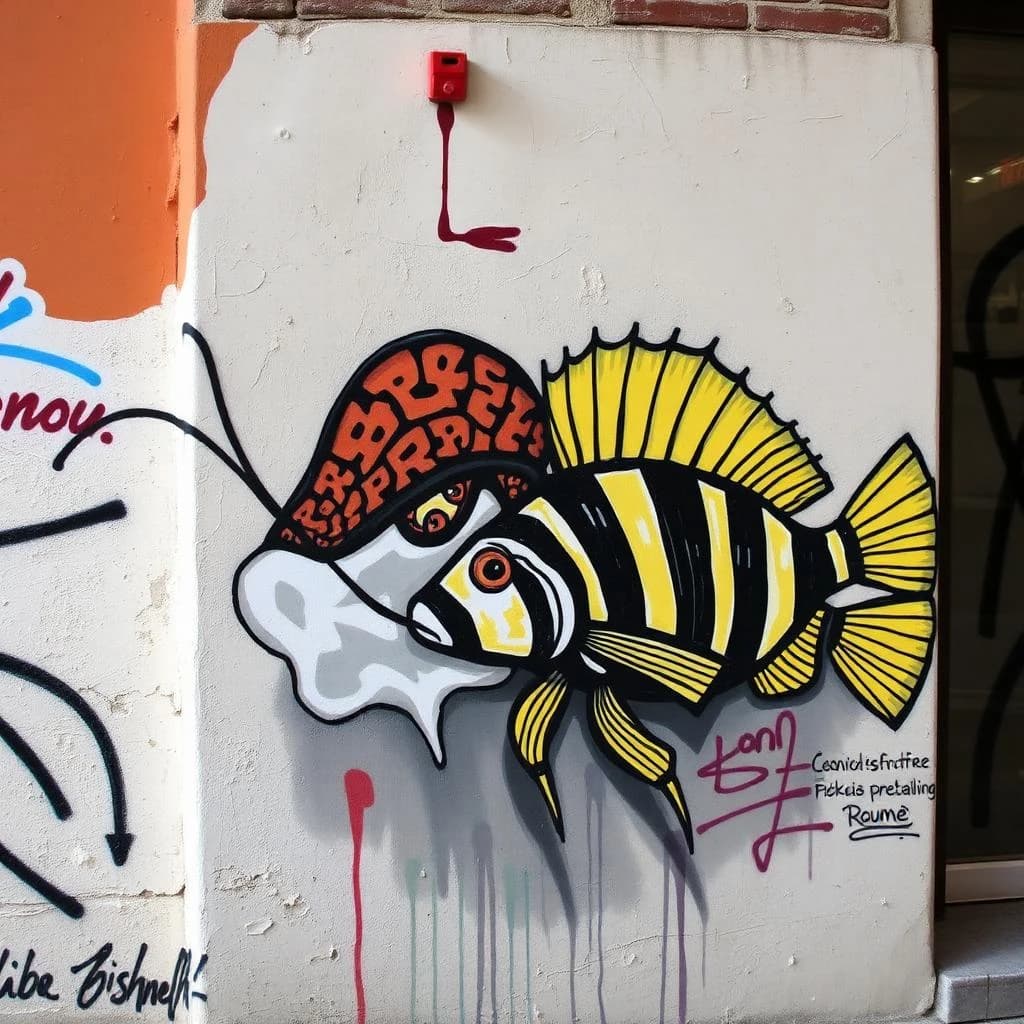 Fungus Gnat and Banded Rudderfish in Rome, Italy in the style of graffiti
