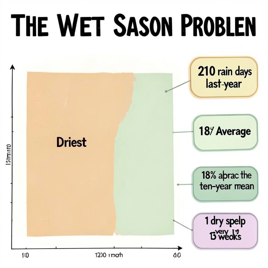 Printed poster titled "The Wet Season Problem". A twelve-month rainfall timeline sits at the center, carrying two keyed regions, "Driest" shaded sand and "Average" shaded pale green. Three stat chips run down a right column, reading "210 rain days last year", "18% above the ten-year mean" and "1 dry spell every 13 weeks". Each key color matches the shading of the region it names.