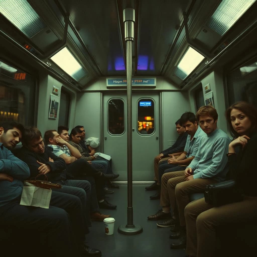 Cinematic photograph inside a late night subway car, handheld, lit only by flickering ceiling strips and orange platform light sliding past the windows. Nine passengers down the car: the three on the left bench all sleep with heads tipped at different angles, the four on the right bench are awake, one folding a paper bag, one holding a bike wheel upright between his knees, one wrapping her own wrist in tape, one staring straight into the lens. Two more stand at the far doors gripping the same pole with a violin case wedged between them. An empty seat beside the nearest sleeper, a coffee cup rolling under it.