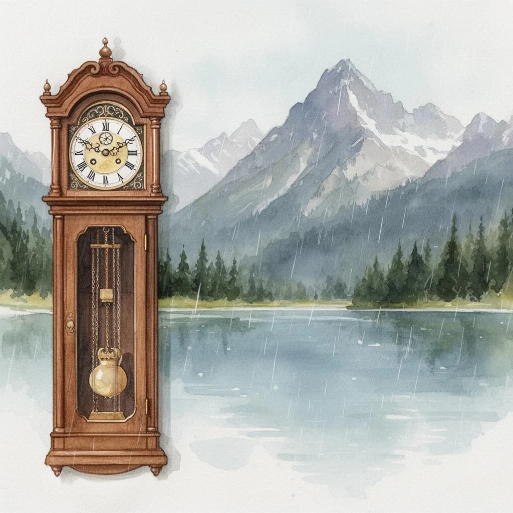 grandfather clock, mountain lake, light rain, overhead flat lay, watercolor, soft edges