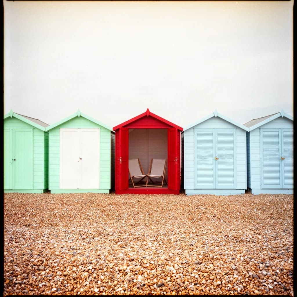 35mm film photo of seven beach huts in a row on a shingle bank. The three left huts are mint green with white doors, the middle one is red with its doors open showing two deckchairs inside, the three right huts are pale blue and shuttered.