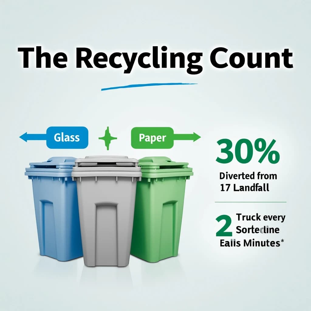 Printed poster titled "The Recycling Count". Three sorting bins with arrows to their destinations sits at the center, carrying two keyed regions, "Glass" shaded green and "Paper" shaded blue. Three stat chips run down a right column, reading "30% diverted from landfill", "1 truck every 17 minutes" and "2 sorting lines running". Each key color matches the shading of the region it names.