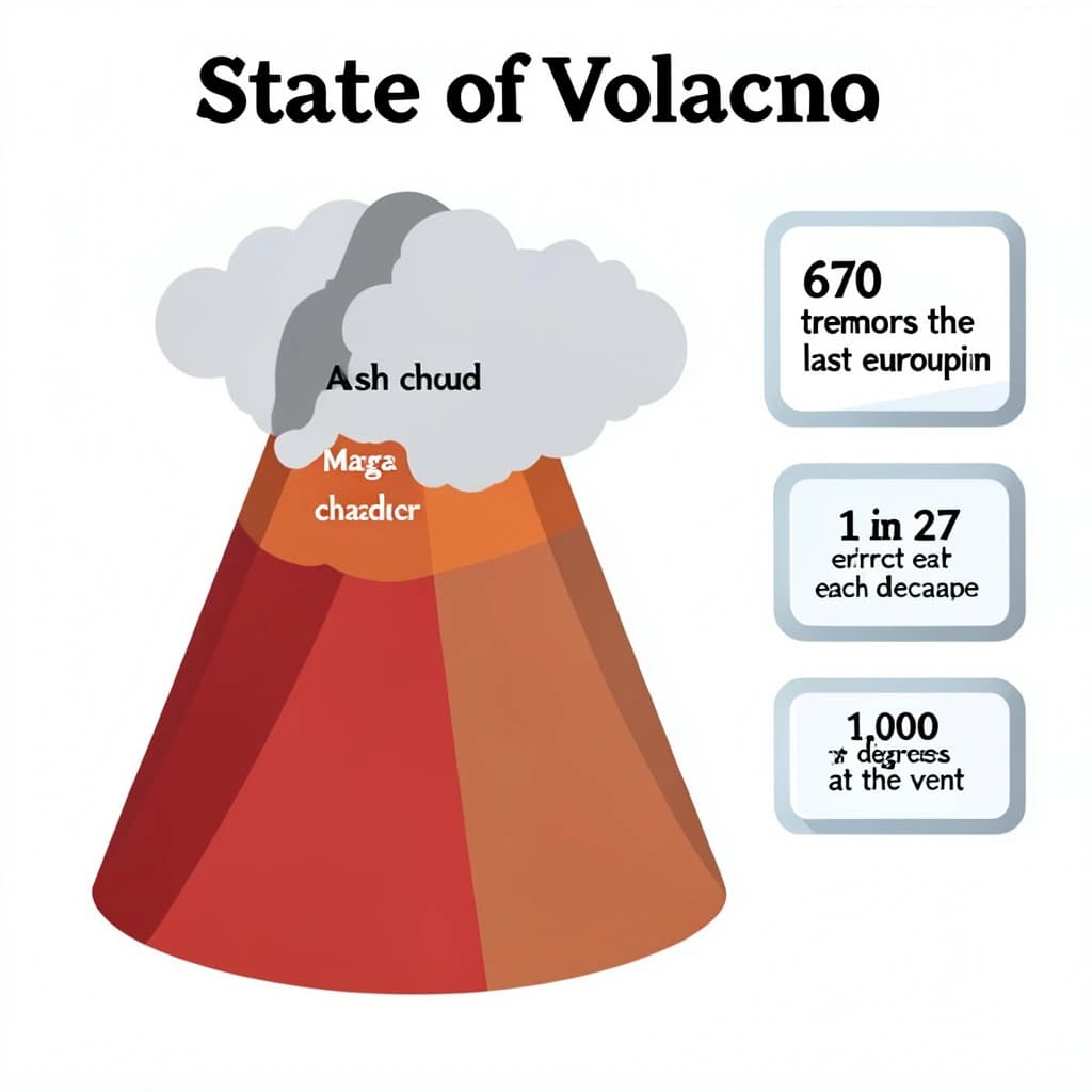 Flat vector illustration titled "State of Volcano": at the center a cutaway cone, carrying three keyed regions, "Lava channel" shaded red, "Ash cloud" shaded gray and "Magma chamber" shaded orange, beside a right column of three stat chips reading "670 tremors before the last eruption", "1 in 27 erupt each decade" and "1,000 degrees at the vent".