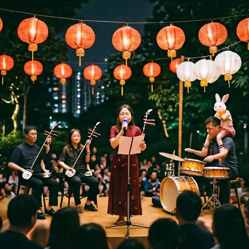 Concert photography, a Mid-Autumn Festival night in a Hong Kong park, shot from inside the crowd toward a low stage lit by warm floods. A singer at the centre microphone holds a note with both hands off the stand; on her left two erhu players sit side by side, on her right a single drummer stands. Eleven paper lanterns hang above the stage, the seven red ones strung in a line and the four white ones clustered at the right end. In the near foreground, out of focus, a child on a father's shoulders holds a rabbit lantern.