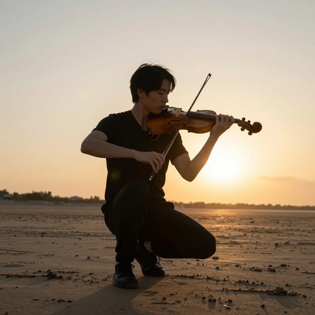 still violinist on open sand, sunset