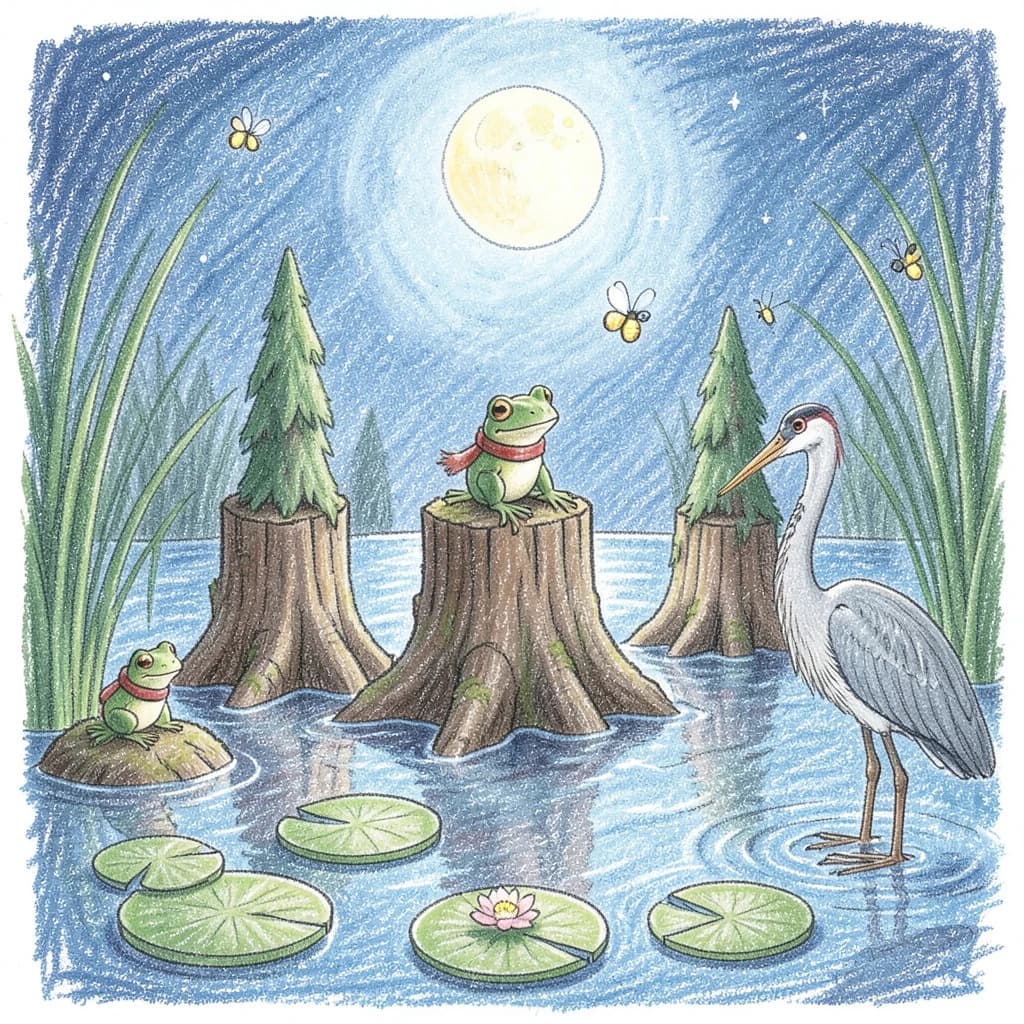 Story card in soft children's book illustration with crayon texture. A moonlit swamp with three cypress stumps in a row across the water. A small green frog in a red scarf sits on the middle stump. Two fireflies circle above his head while four more sit sleeping on the reeds to the left. A heron stands knee deep at the right edge, looking away from the frog. Nine lily pads float across the foreground, only one of them carrying a flower.