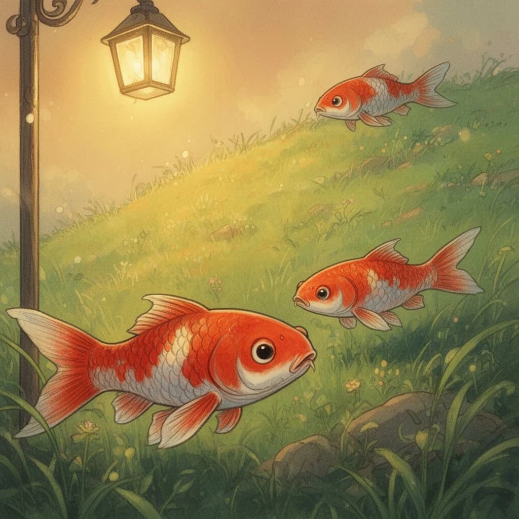 koi fish, grassy hillside, warm lamplight, macro close-up, storybook illustration, high detail
