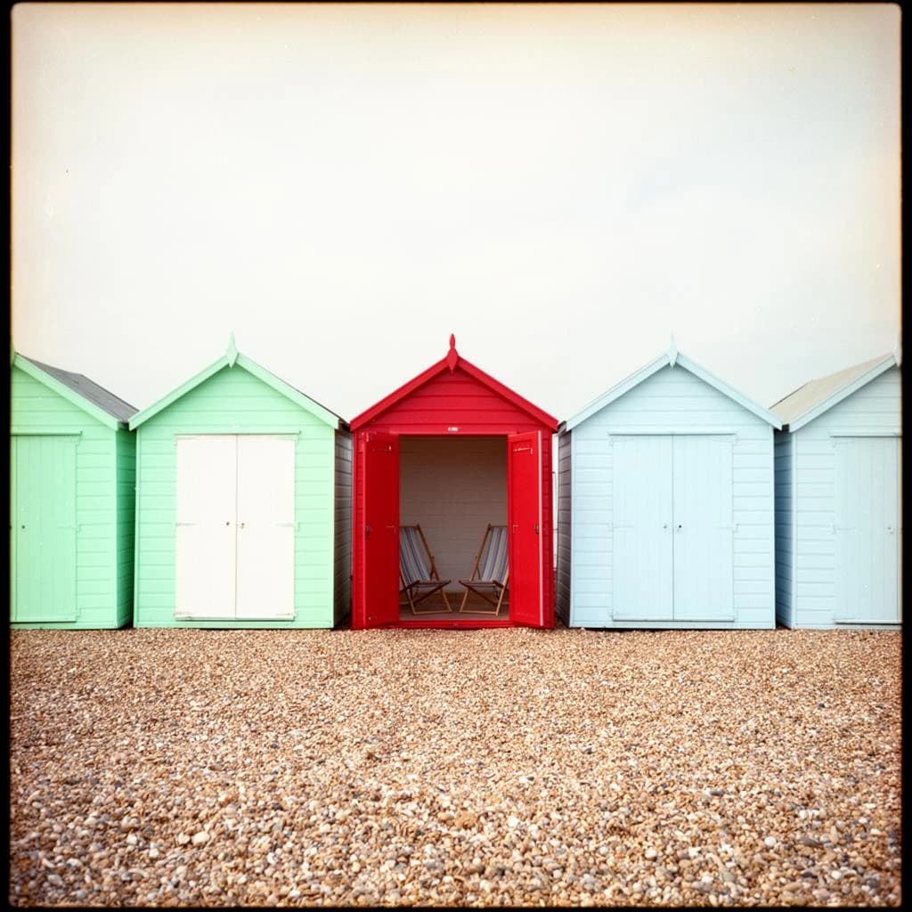 35mm film photo of seven beach huts in a row on a shingle bank. The three left huts are mint green with white doors, the middle one is red with its doors open showing two deckchairs inside, the three right huts are pale blue and shuttered.